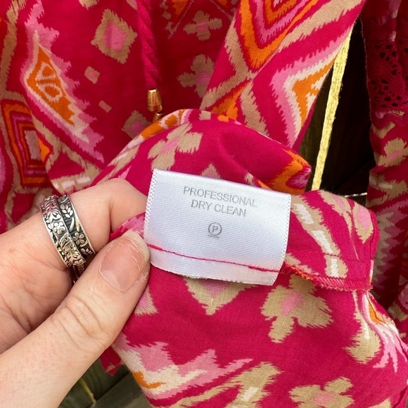 Tory Burch Printed Batik Orange and Pink Boho Tassel Lace Detail Popover Blouse - Picture 5 of 8